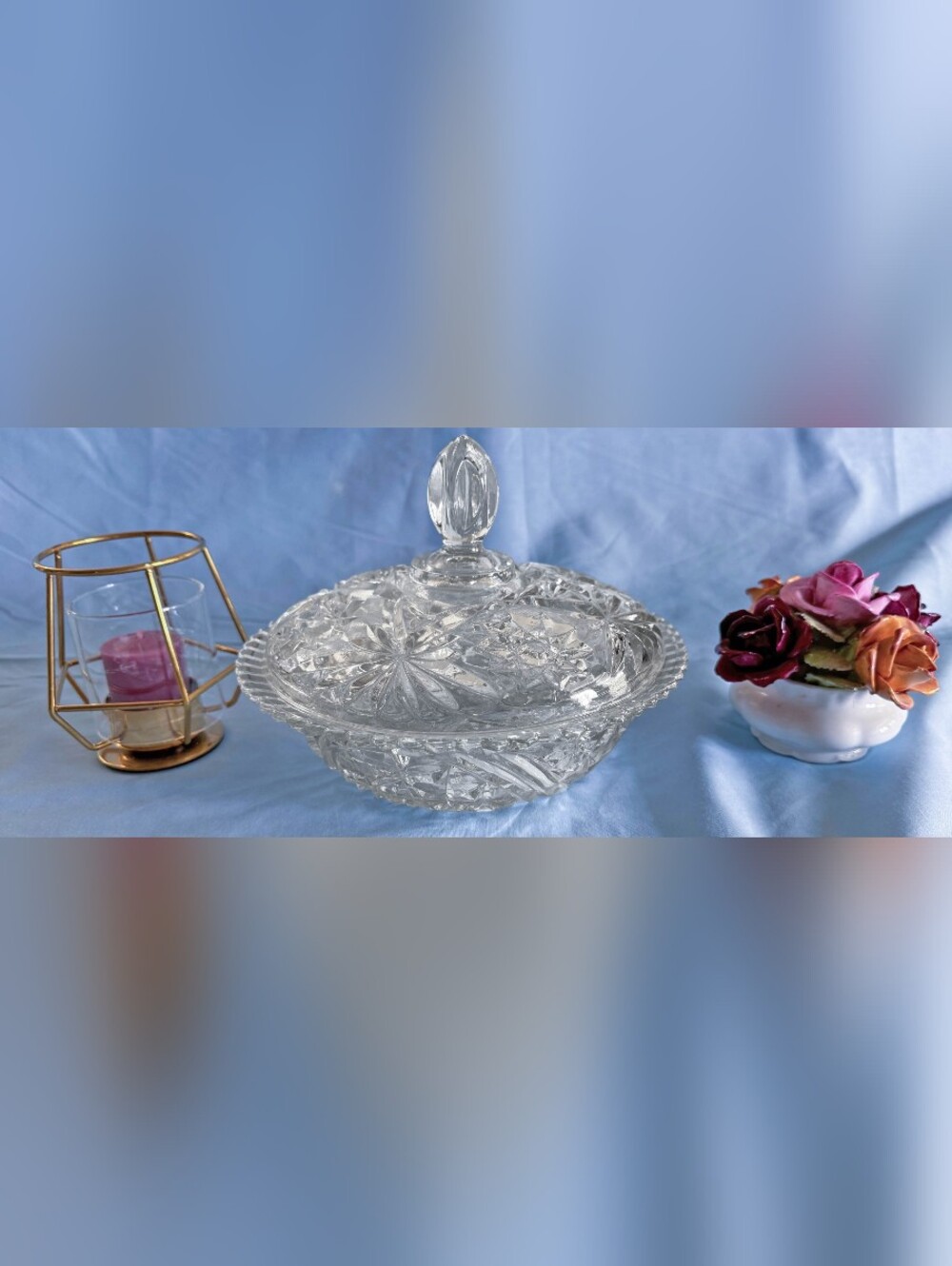 Vintage Crystal Cut Glass Covered Bowl American Brilliant Hobstar & Pinwheel